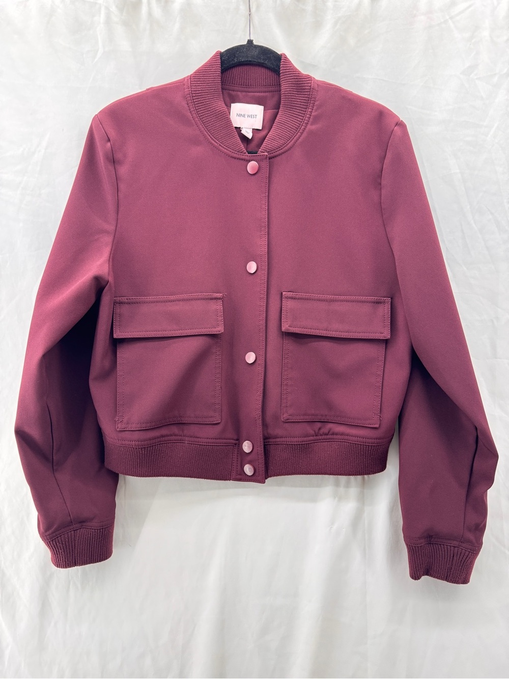 Nine West Burgundy Cropped Bomber Jacket Snap Front Cargo Flap Pockets Size S